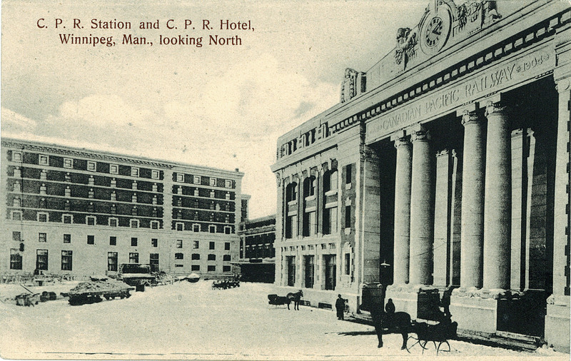 a black and white photo of 181 Higgins pillar doors, and to the left the Hotel Alexandra. Facing north. From the 19th century,