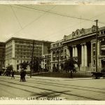 a black and white photo of 181 Higgins pillar doors, and to the left the Hotel Alexandra. From the 19th century,